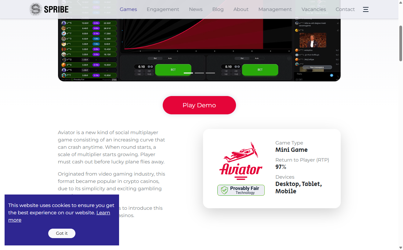 Official Aviator game interface by SPRIBE